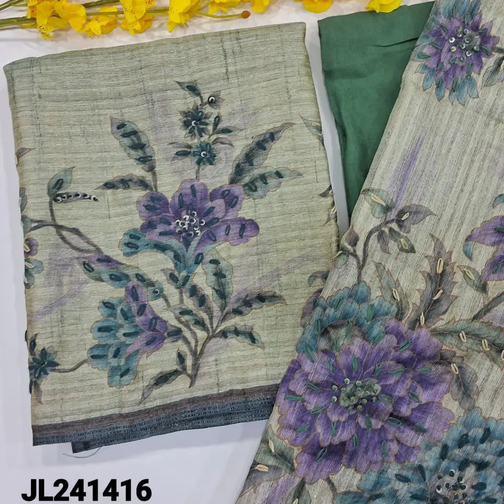 CODE JL241416: Light &dark green pure tussar unstitched salwar material(thin fabric lining needed)heavy work on daman