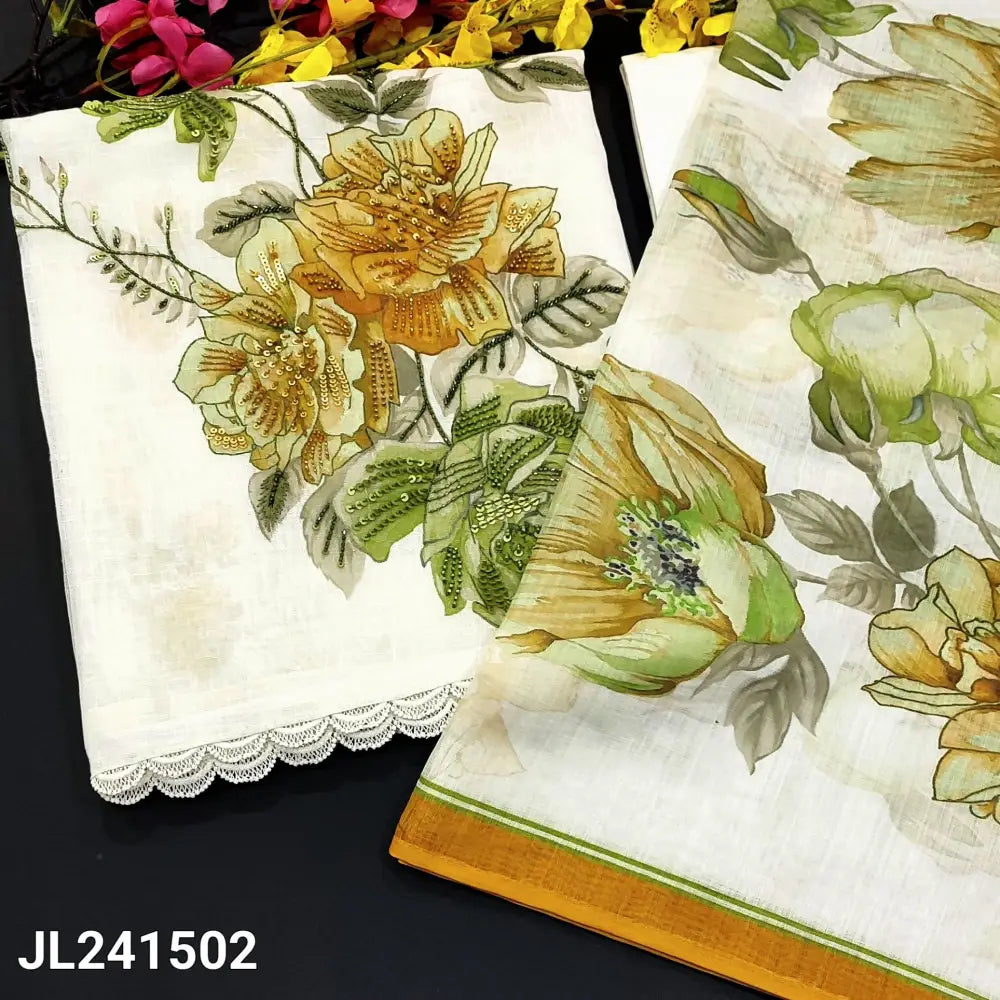 CODE JL241502: Half white pure linen unstitched salwar material green&yellow floral printed heavy bead& sequins work