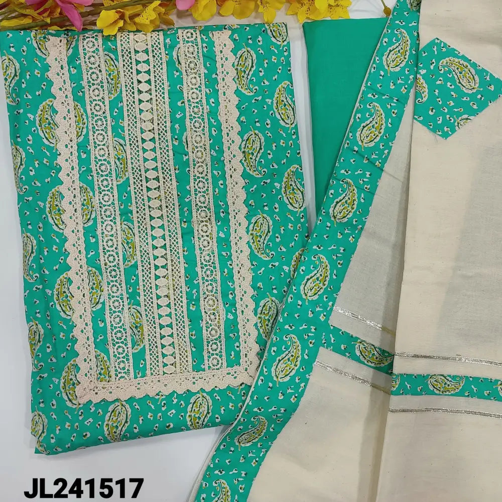 CODE JL241517: Turquoise blue printed soft cotton unstitched salwar material fancy lace work on yoke(lining