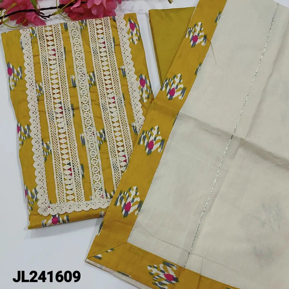 CODE JL241609: Mehandhi yellow printed pure soft cotton unstitched salwar material fancy lace work on yoke(lining