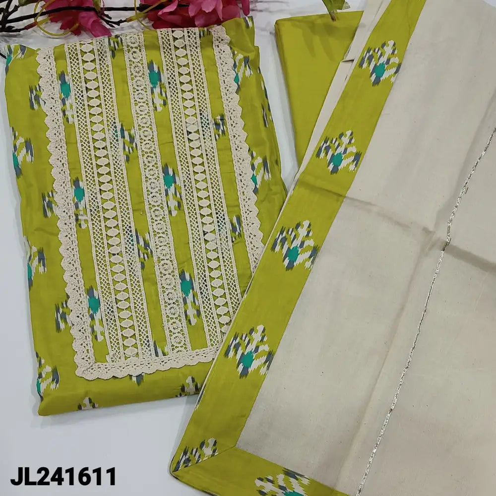 CODE JL241611: Bright green printed pure soft cotton unstitched salwar material fancy lace work on yoke(lining