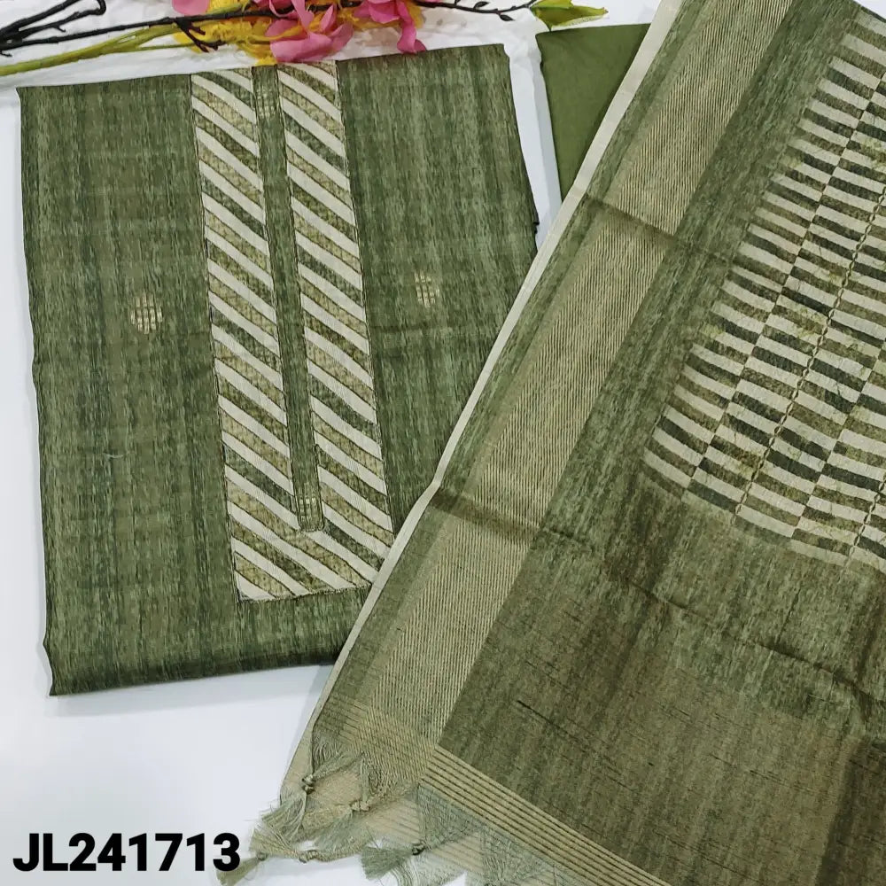 CODE JL241713: Olive green designer premium tussar unstitched salwar material simple yoke zari woven buttas