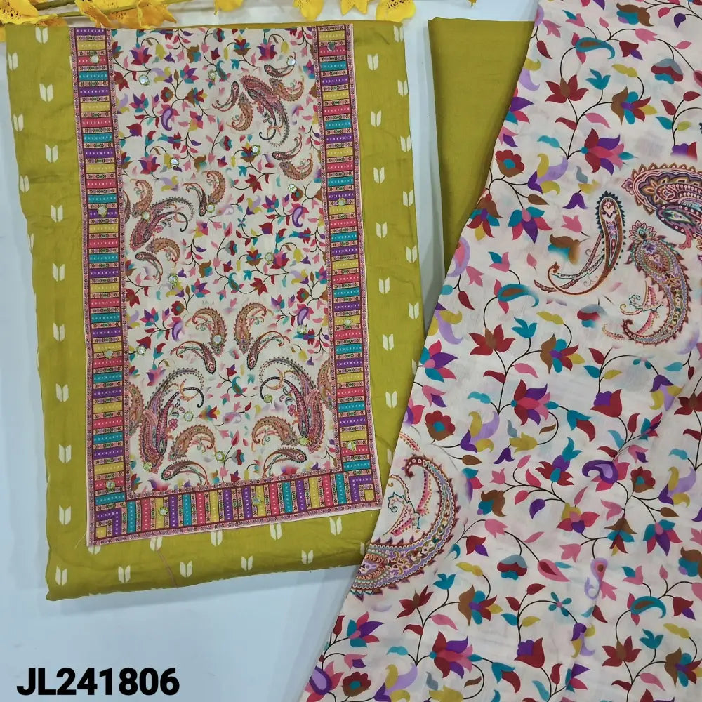 CODE JL241806: Mehandhi yellow satin cotton unstitched salwar material multi color printed with faux mirror work