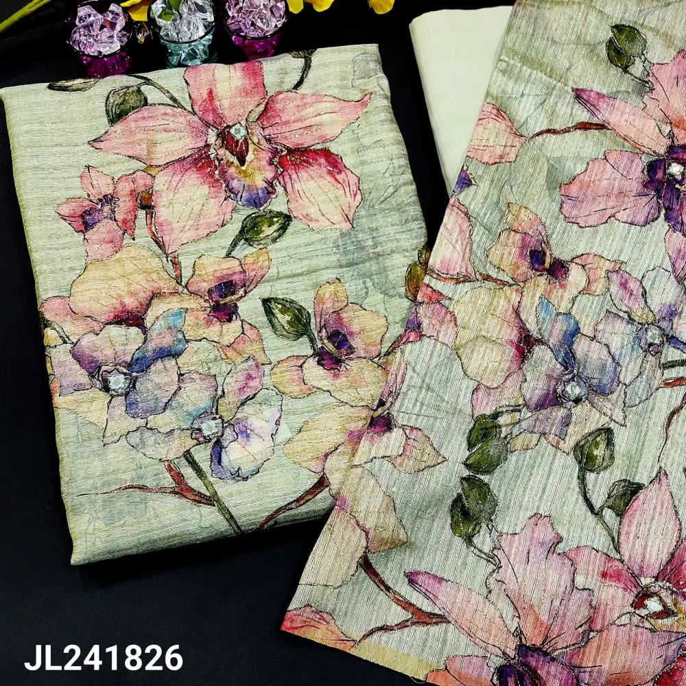 CODE JL241826: Pastel green premium tussar unstitched salwar material bead work on yoke(thin fabric lining