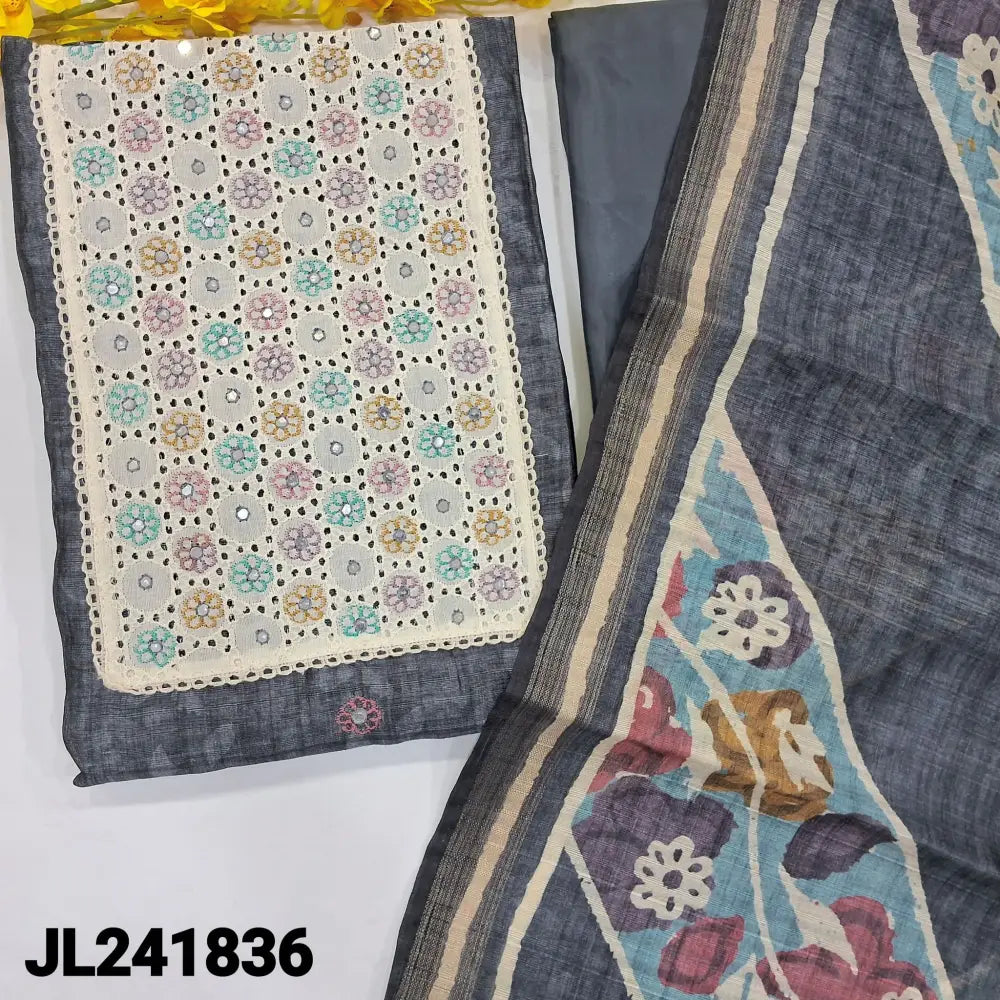 CODE JL241836: Grey semi gicha textured silk cotton unstitched salwar material embroidered faux mirror &schiffli work