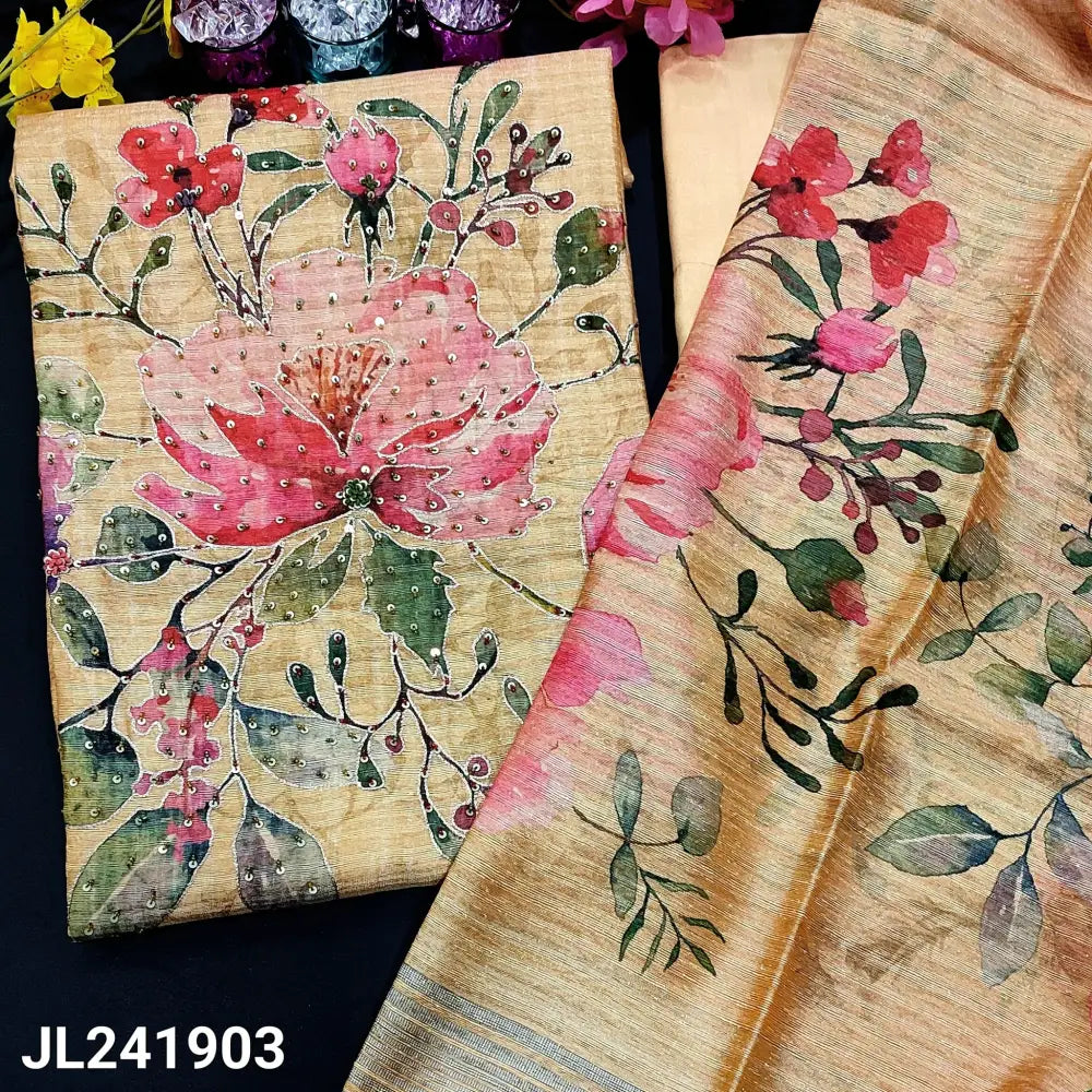 CODE JL241903: Pastel yellow sobar printed pure tussar silk unstitched salwar material hand work on yoke(thin fabric