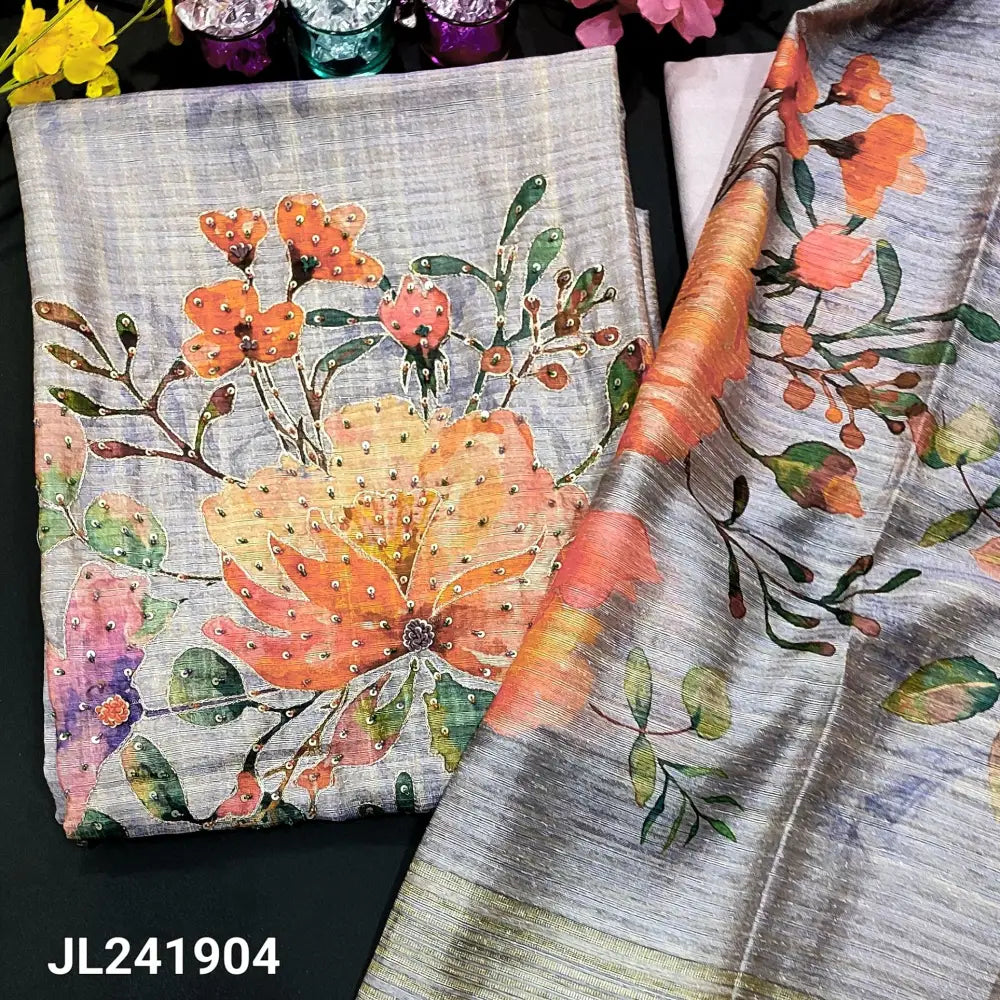 CODE JL241904: Lavender shade sobar printed pure tussar silk unstitched salwar material hand work on yoke(thin fabric