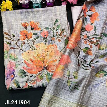 CODE JL241904: Lavender shade sobar printed pure tussar silk unstitched salwar material hand work on yoke(thin fabric