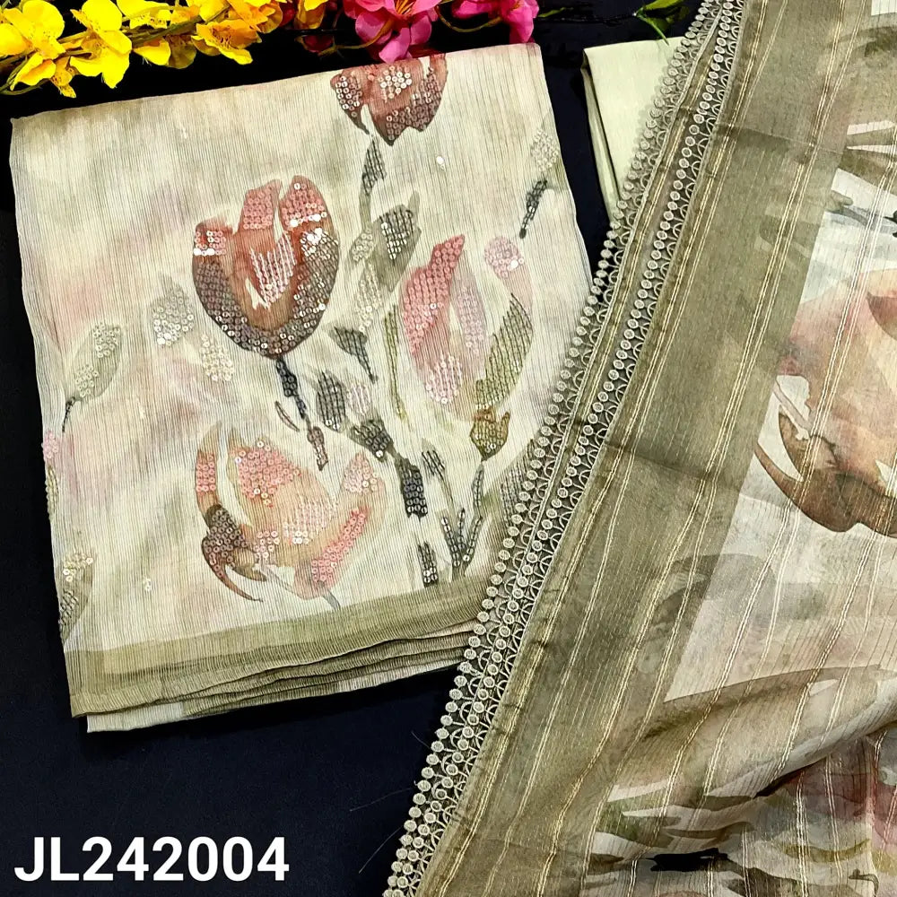 CODE JL242004: Beige with green tint kota organza unstitched salwar material sequins work on front(thin fabric lining