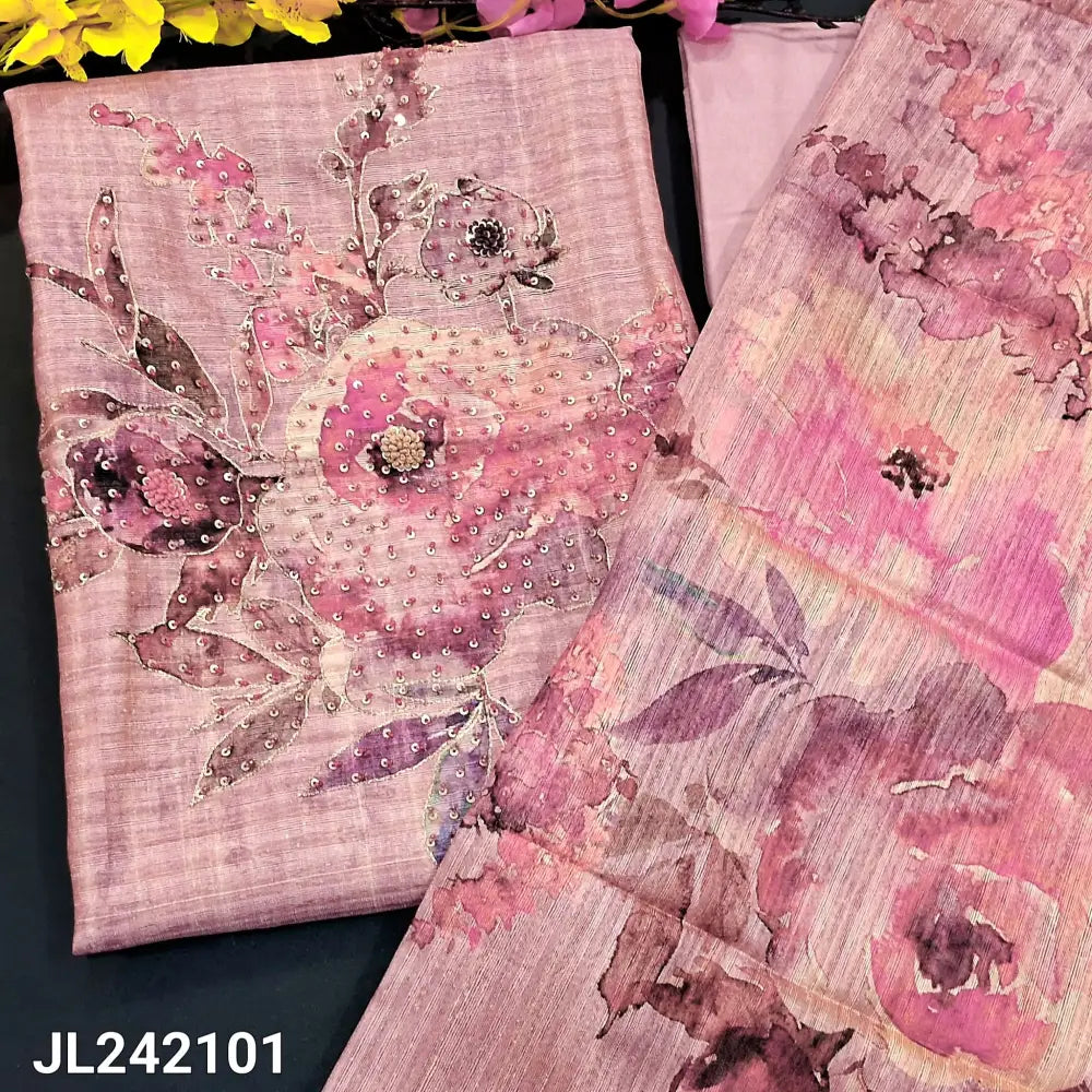 CODE JL242101: Pastel pink premium tussar unstitched salwar material hand work on yoke(thin fabric lining needed)rich