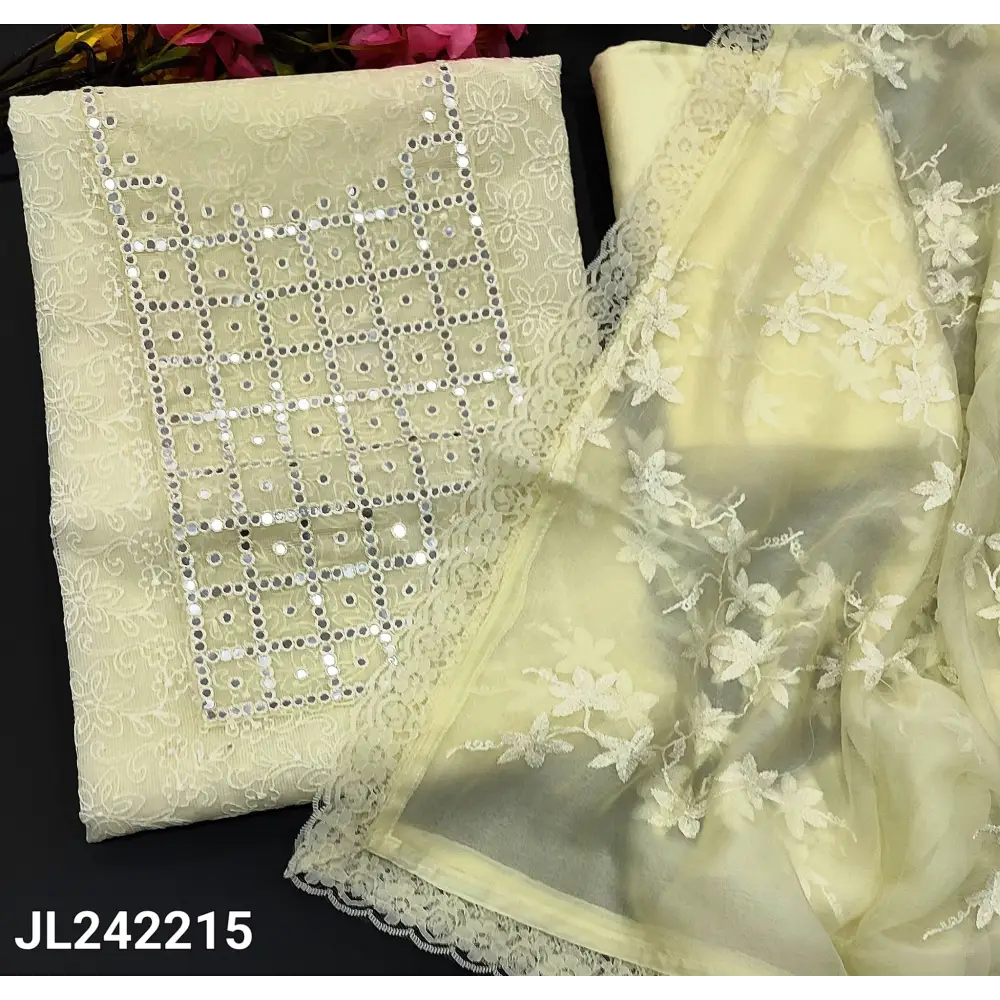 CODE JL242215: Half white premium super net unstitch salwar material faux mirror work on yoke rich embroidered