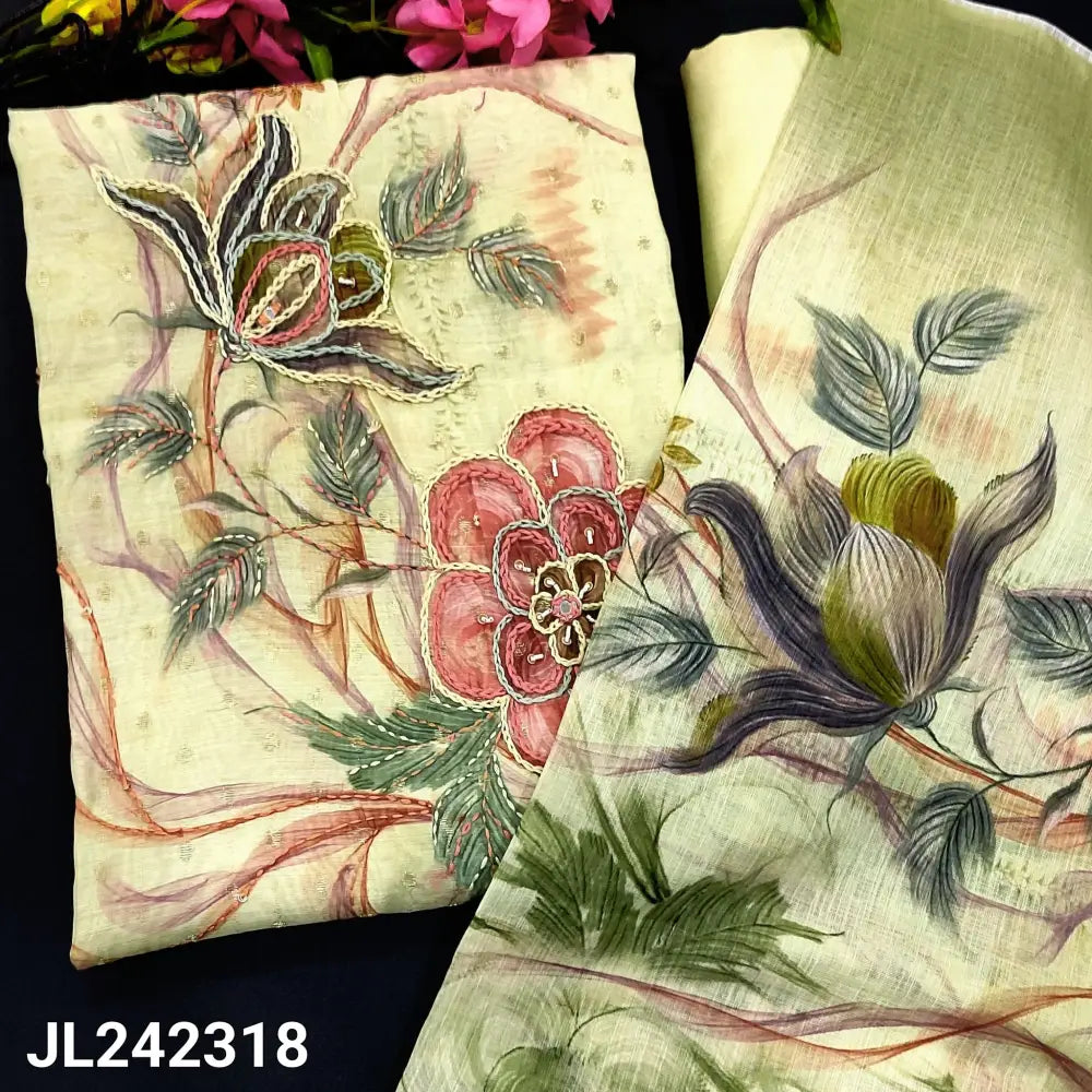 CODE JL242318: Pale green premium silk cotton unstitched salwar material hand embroidered on yoke zari buttas