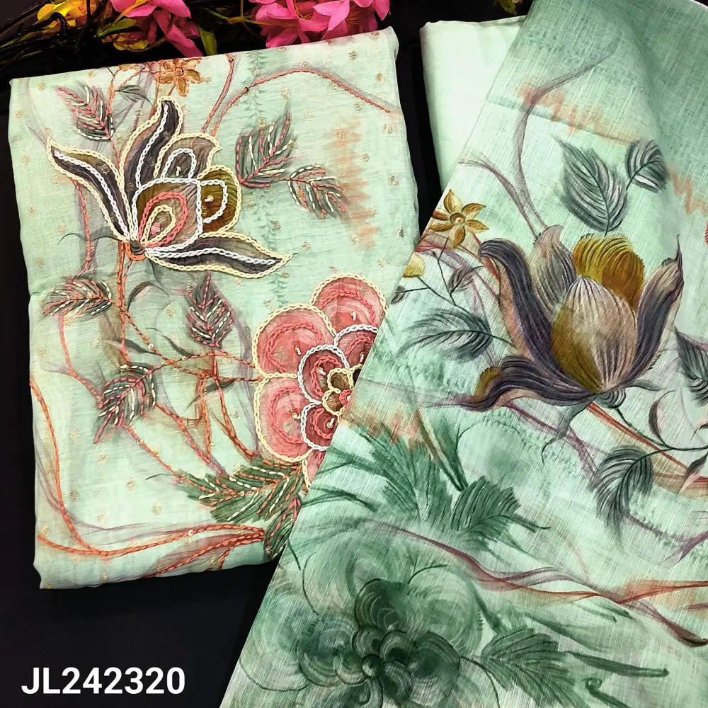 CODE JL242320: pastel blue premium silk cotton unstitched salwar material hand embroidered on yoke zari buttas