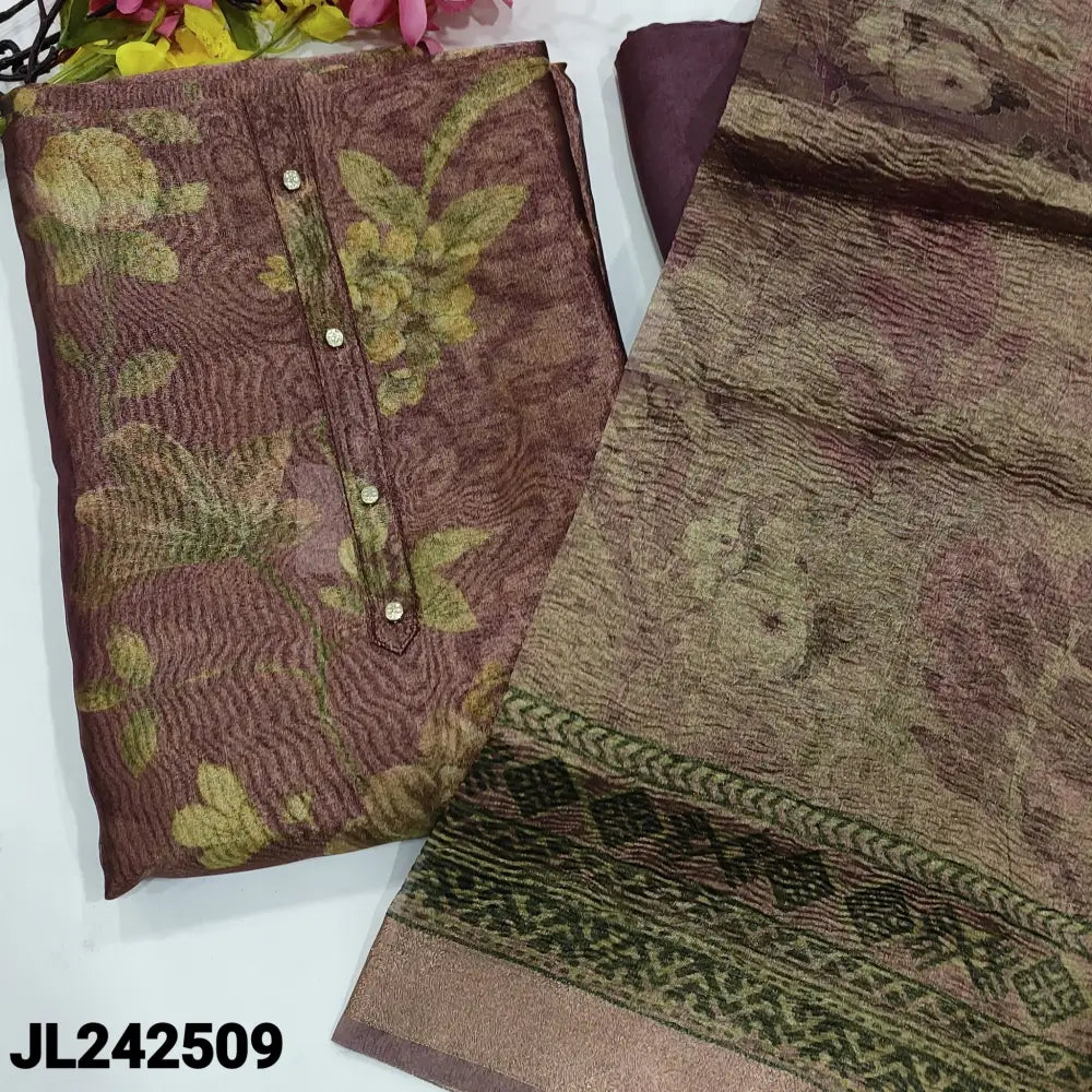 CODE JL242509: Beetroot purple with golden tint floral printed tissue silk cotton unstitched salwar material fancy