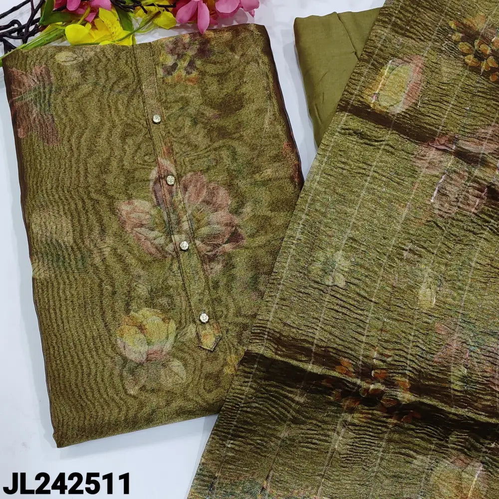 CODE JL242511: Mehandhi green with golden tint floral printed tissue silk cotton unstitched salwar material fancy