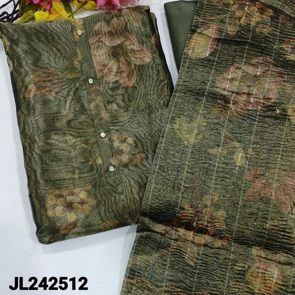 CODE JL242512: dark olive green with golden tint floral printed tissue silk cotton unstitched salwar material fancy