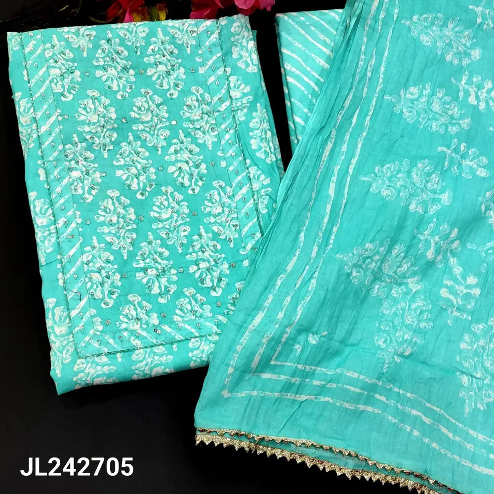 CODE JL242705: Pastel blue printed pure soft cotton unstitched salwar material thread& sequins work on yoke(lining