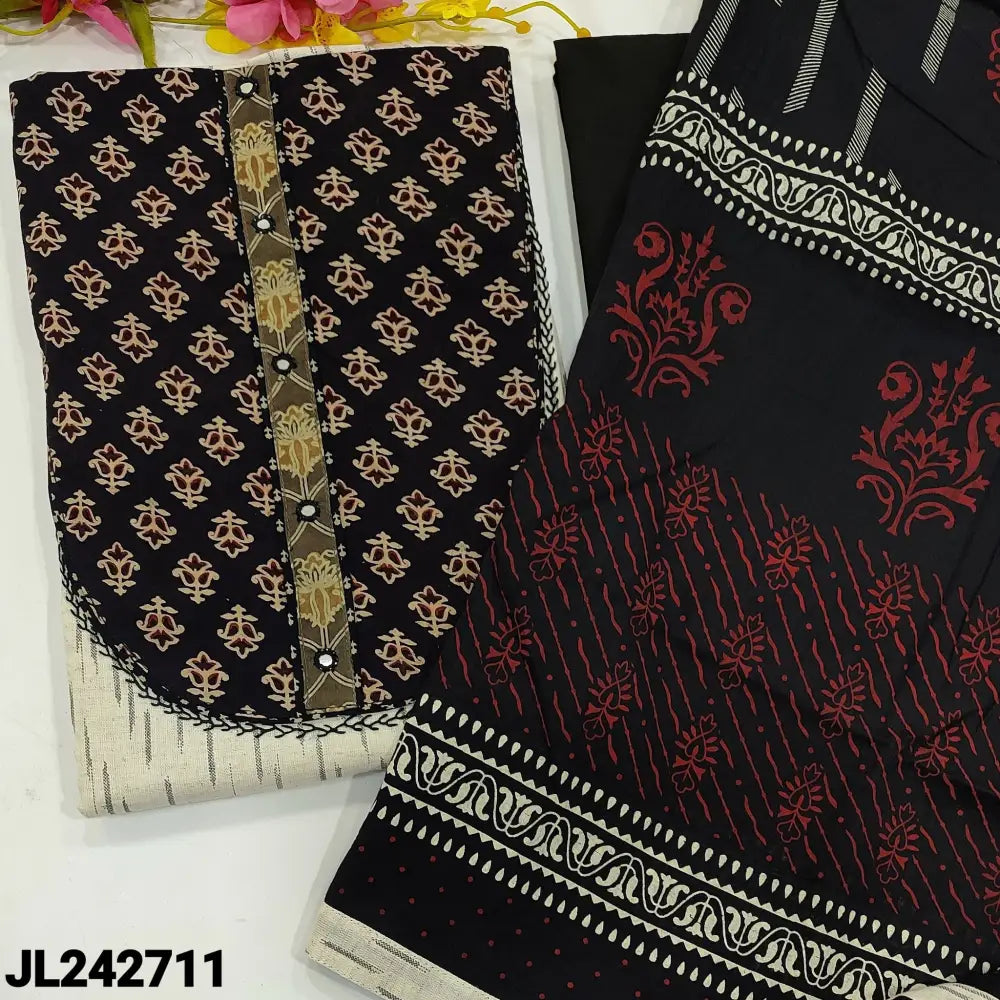 CODE JL242711: Half white pure ikat woven cotton unstitched salwar material ajrak block printed& real mirror work