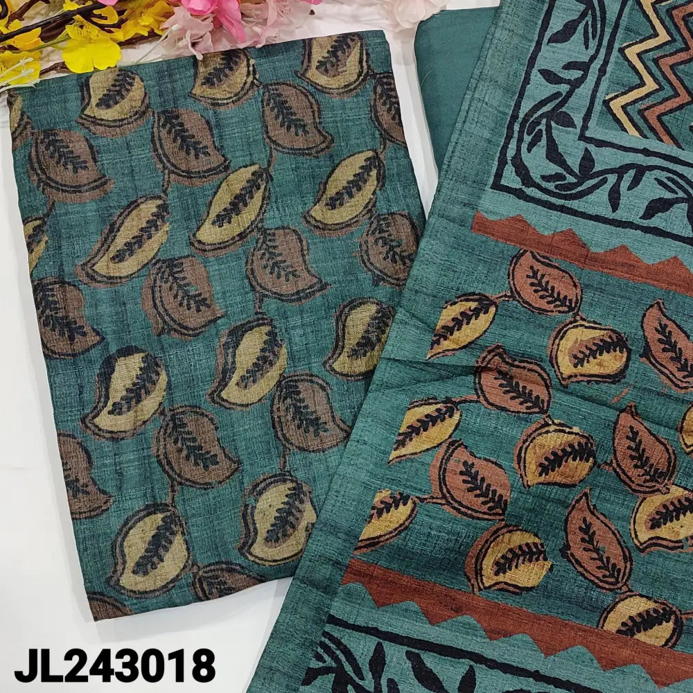 CODE JL243018: Teal blue designer leafy printed premium tussar unstitched salwar material(lining needed)matching