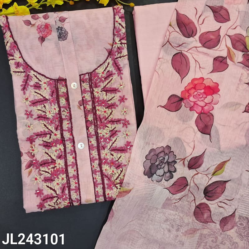 CODE JL243101: Pastel pink digital floral printed silk cotton unstitched salwar material,heavy hand embroidered on yoke
