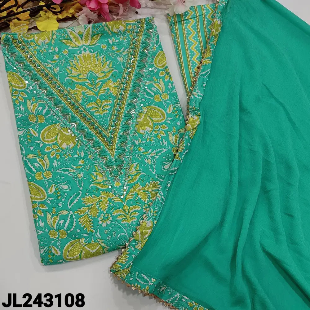 CODE JL243108: Turquoise green printed pure soft cotton unstitched salwar material v neck with heavy work(lining