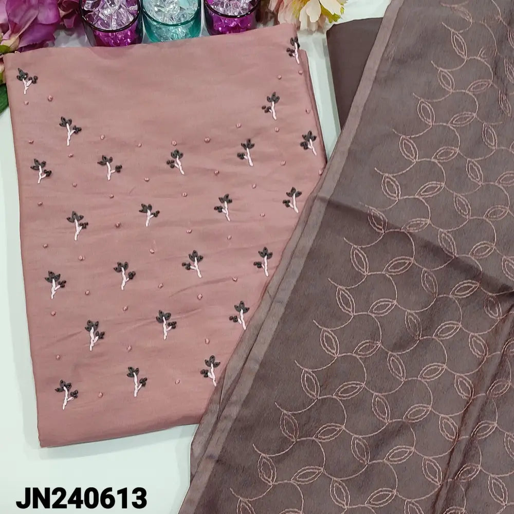 CODE JN240613: Pink fancy silk cotton unstitched salwar material embroidered on yoke(lining needed)contrast dark mauve