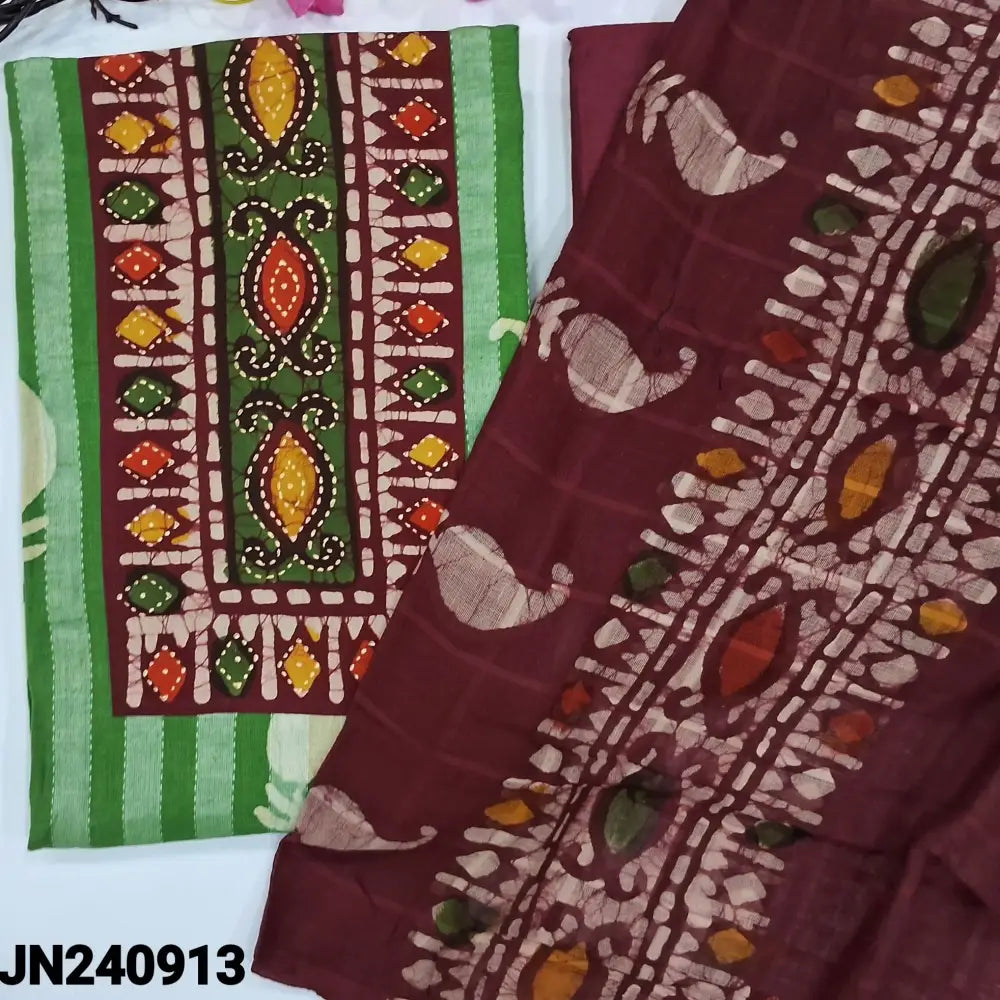 CODE JN240913: Light green pure soft kantha cotton unstitched salwar material contrast batik yoke batik design all