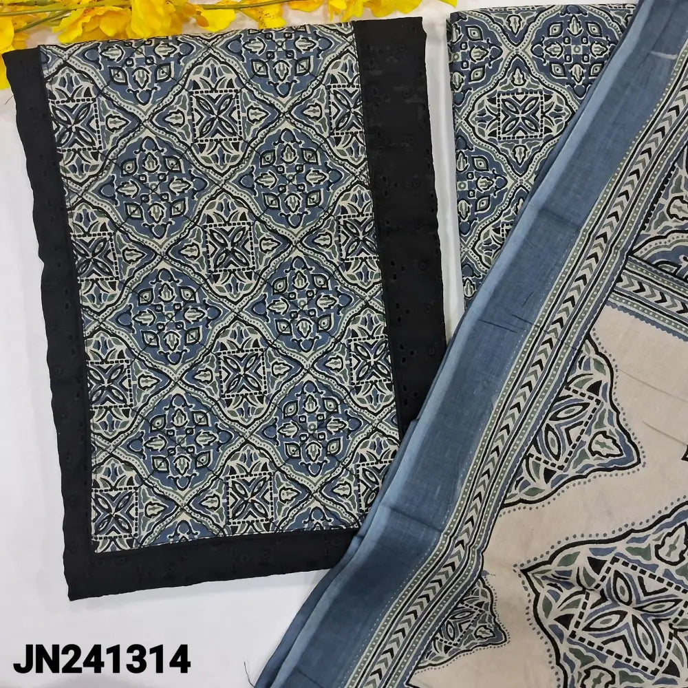 CODE JN241314: Black pure cotton unstitched salwar material blue printed yoke patch with stitch detailing hakoba work