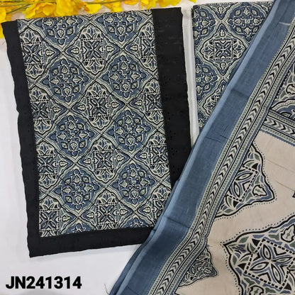 CODE JN241314: Black pure cotton unstitched salwar material blue printed yoke patch with stitch detailing hakoba work
