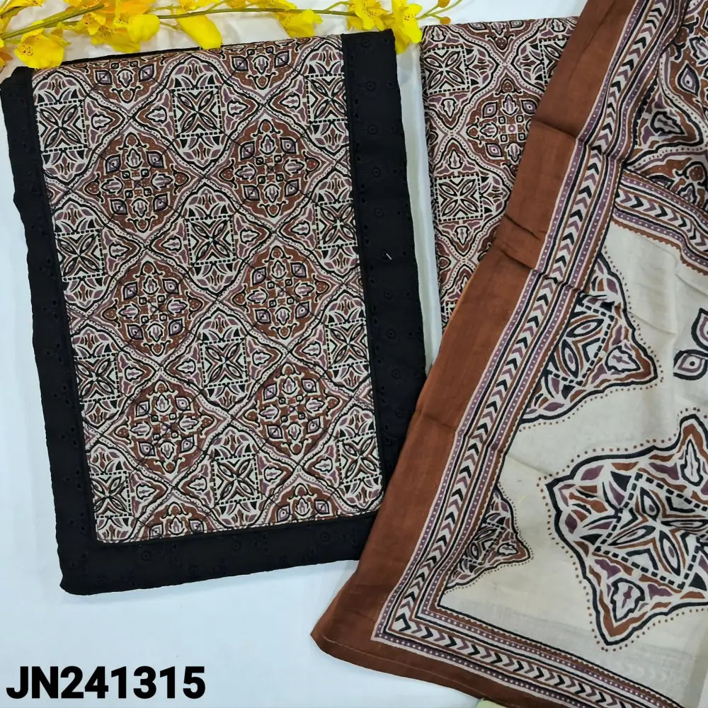 CODE JN241315: Black pure cotton unstitched salwar material brown printed yoke patch with stitch detailing hakoba work