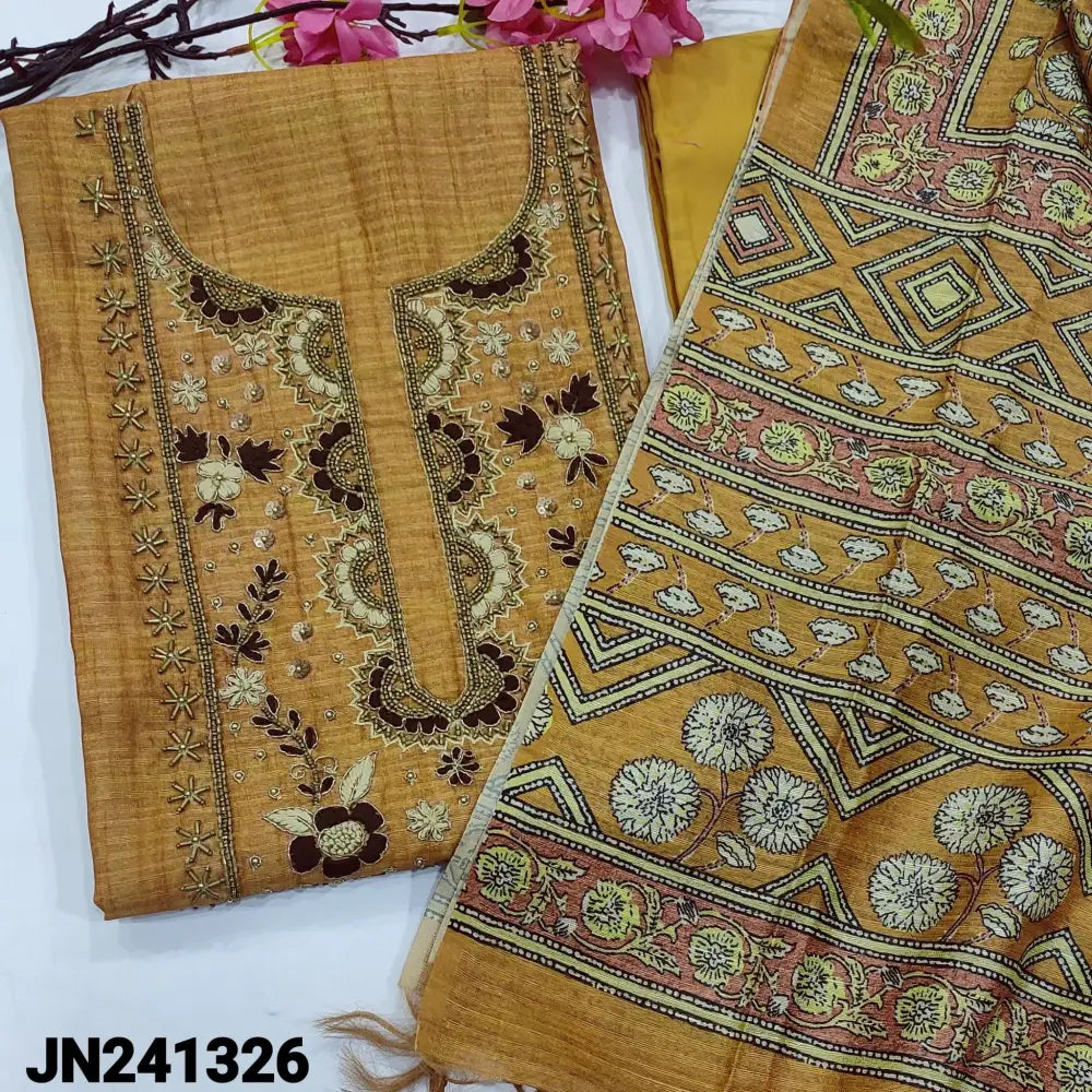 CODE JN241326: Fenugreek yellow designer semi tussar unstitched salwar material,antique bead,zardozi and thread work