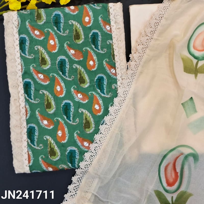 CODE JN241711: Half white schiffli embroidered unstitched salwar material contrast printed yoke with real mirror work