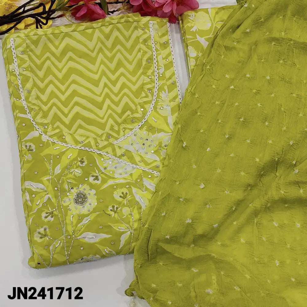 CODE JN241712: Bright lime green designer zig zag printed premium cotton unstitched salwar material angraha neckline