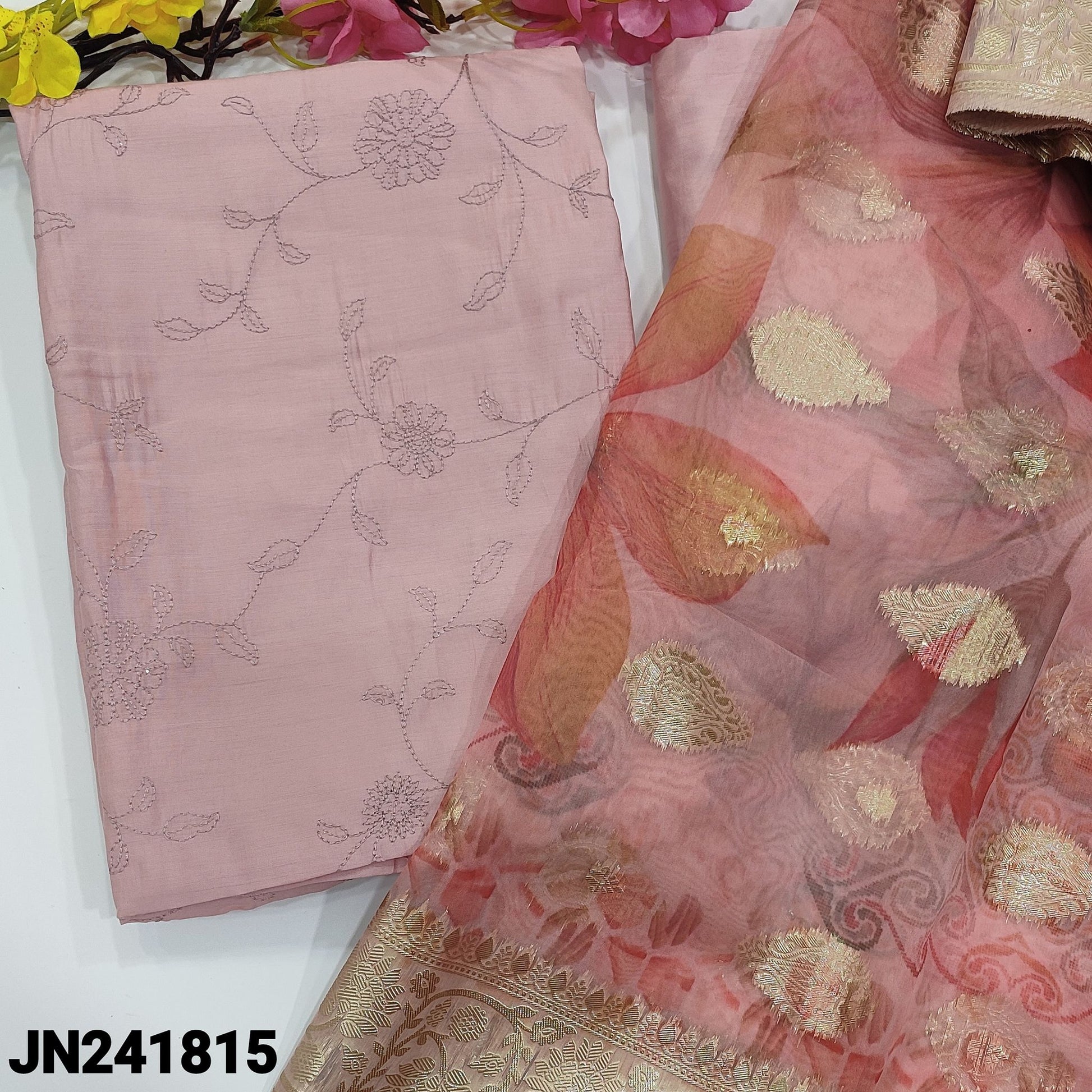 CODE JN241815: Pastel pink silk cotton unstitched salwar material self embroidery &sequins work on front(thin fabric