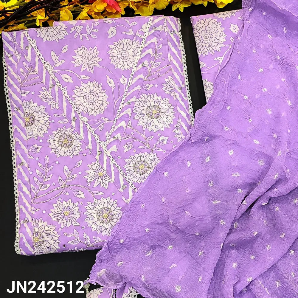 CODE JN242512: Designer Lavender zigzag printed premium cotton unstitched salwar material angraha neckline floral