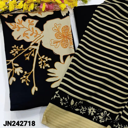 CODE JN242718: Black floral printed satin cotton unstitched salwar material thread work on front(lining
