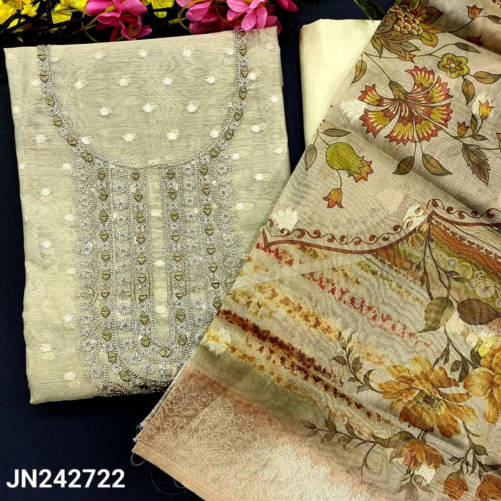 CODE JN242722: Rich beige with golden tint fancy tissue silk cotton unstitched salwar material zari& real mirror work