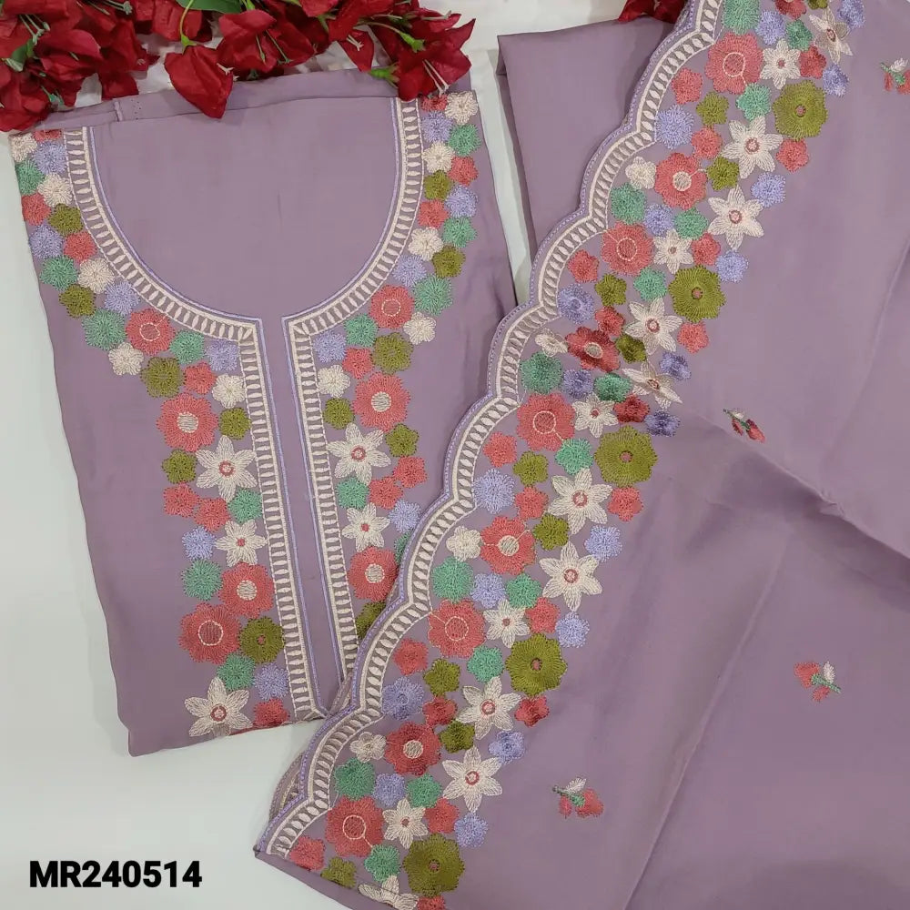 CODE MR240514: Lavender soft silk cotton unstitched salwar material(lining needed)colorful embroidery work