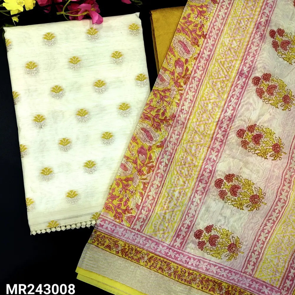 CODE MR243008: Half white base fancy silk cotton unstitched salwar material,thread&zari woven on front(thin,lining