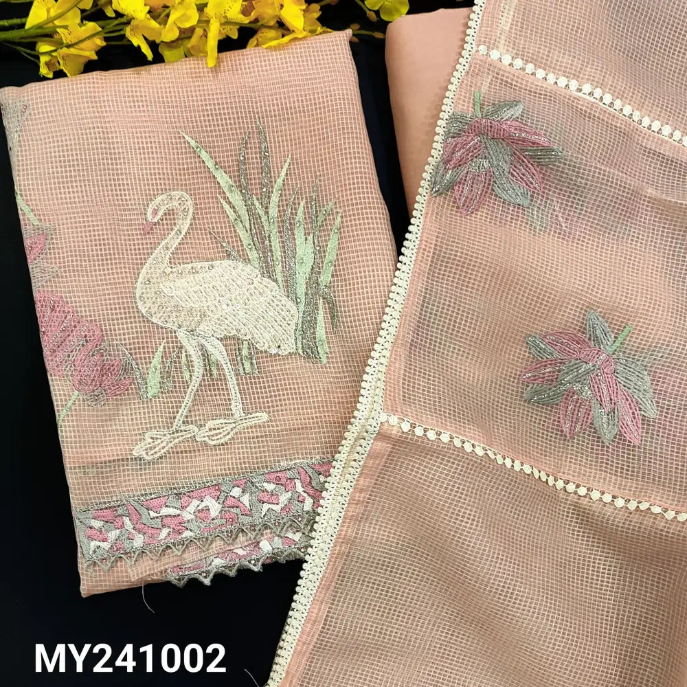 CODE MY241002: Pastel peach kota silk cotton unstitched salwar material embroidered on yoke(thin lining needed)rich