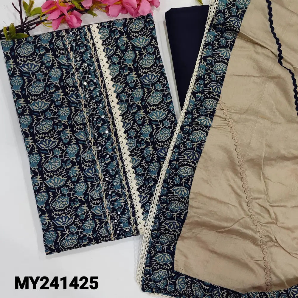 CODE MY241425: Black base pure cotton unstitched salwar material embroidered &sequins work on yoke floral printed all