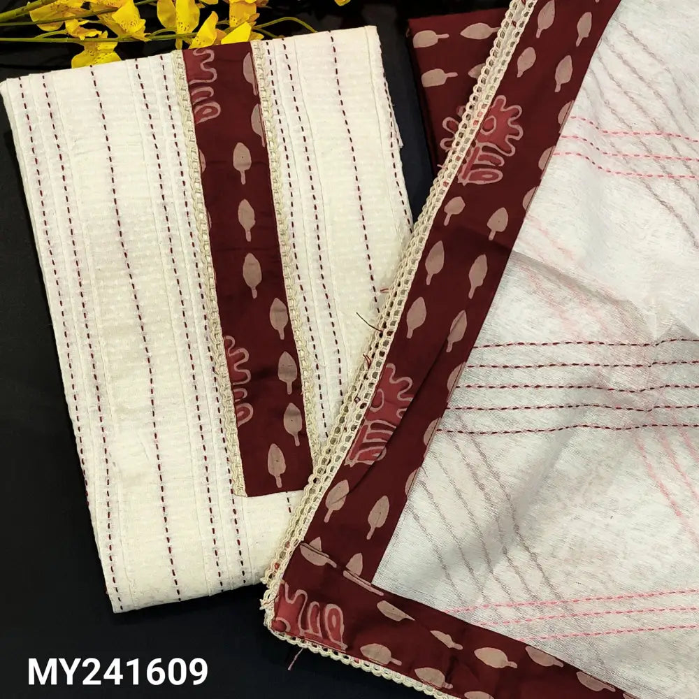 CODE MY241609: Half white jakard spun cotton unstitched salwar material yoke patch with lace work kantha stitch