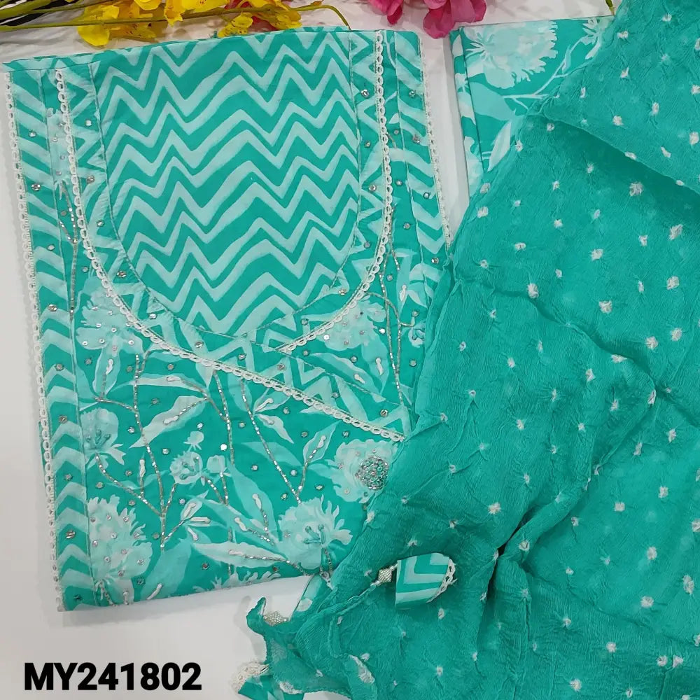 CODE MY241802: Blue zigzag printed premium cotton unstitched salwar material angraha neckline with floral print& bead