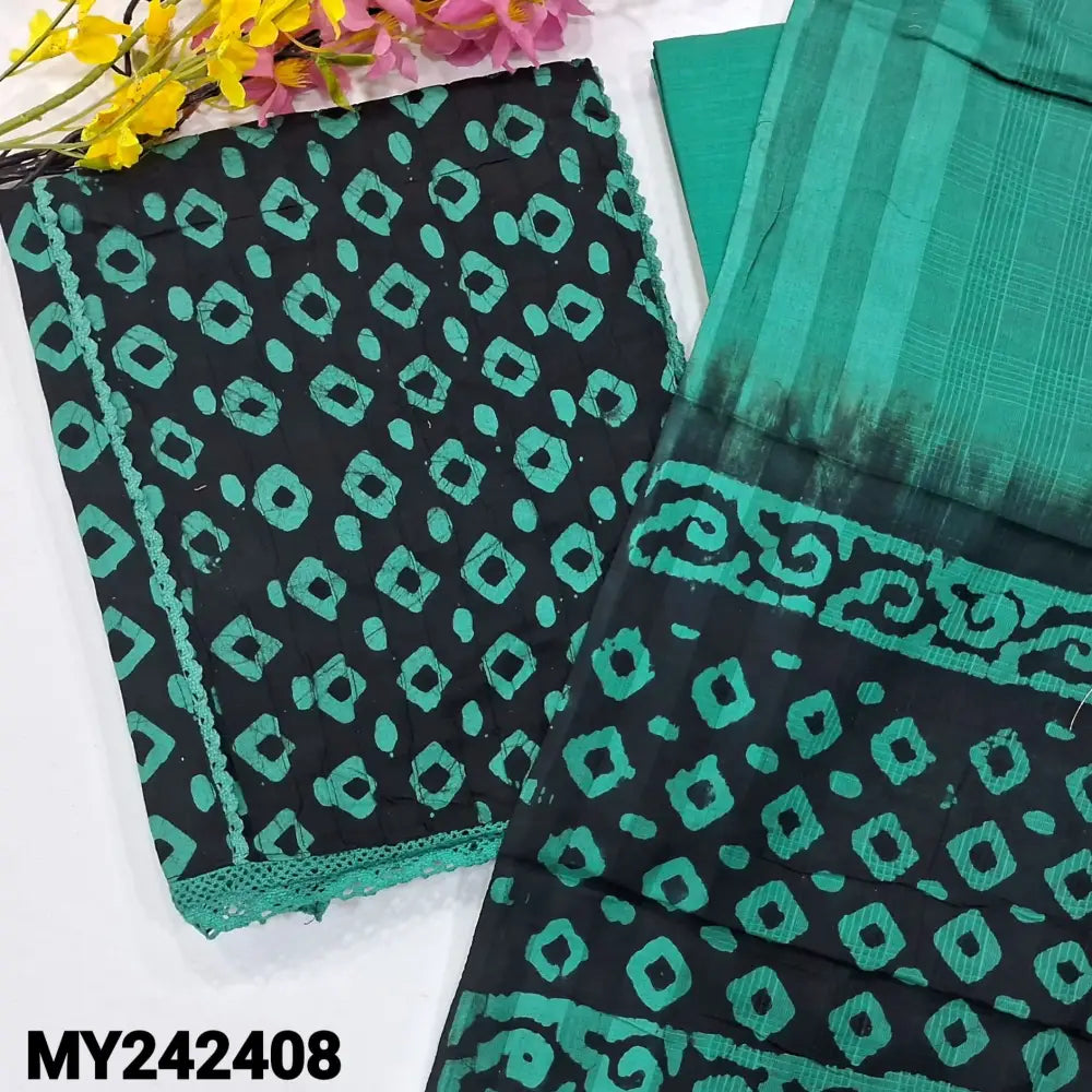 CODE MY242408: Black with turquoise blue pure cotton unstitched salwar material panel pattern with pintex&lace work