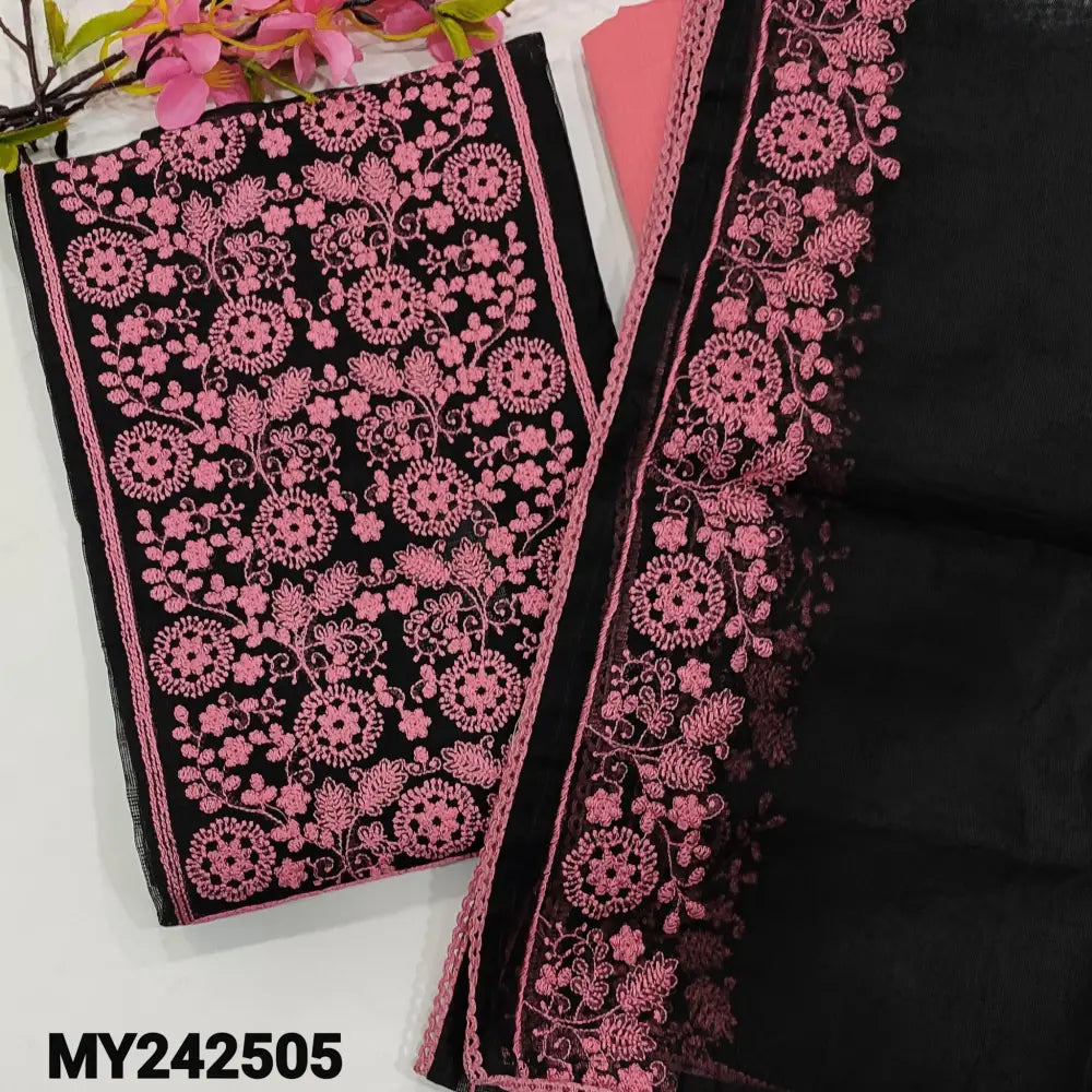 CODE MY242505: Black noil fabric unstitched salwar material embroidered on yoke(netted fabric lining needed)lace work