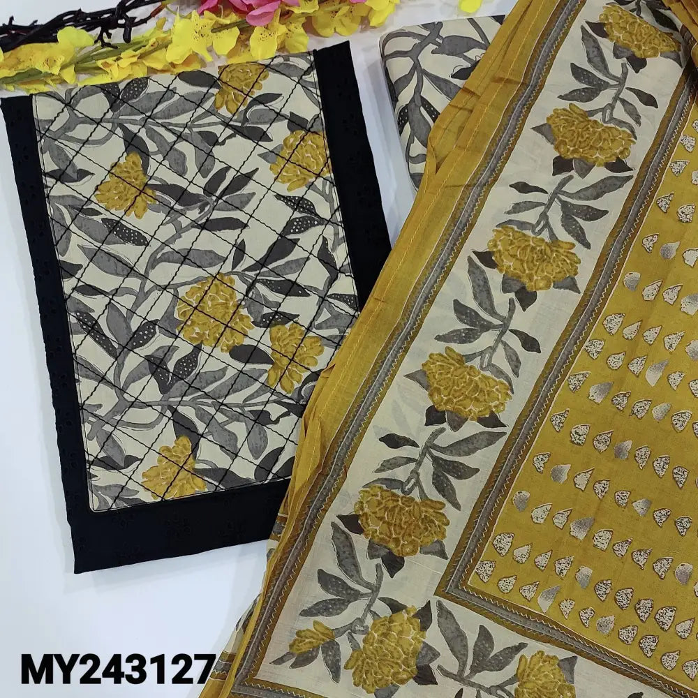 CODE MY243127: black pure cotton unstitched salwar material fenugreek yellow floral printed yoke patch with stitch