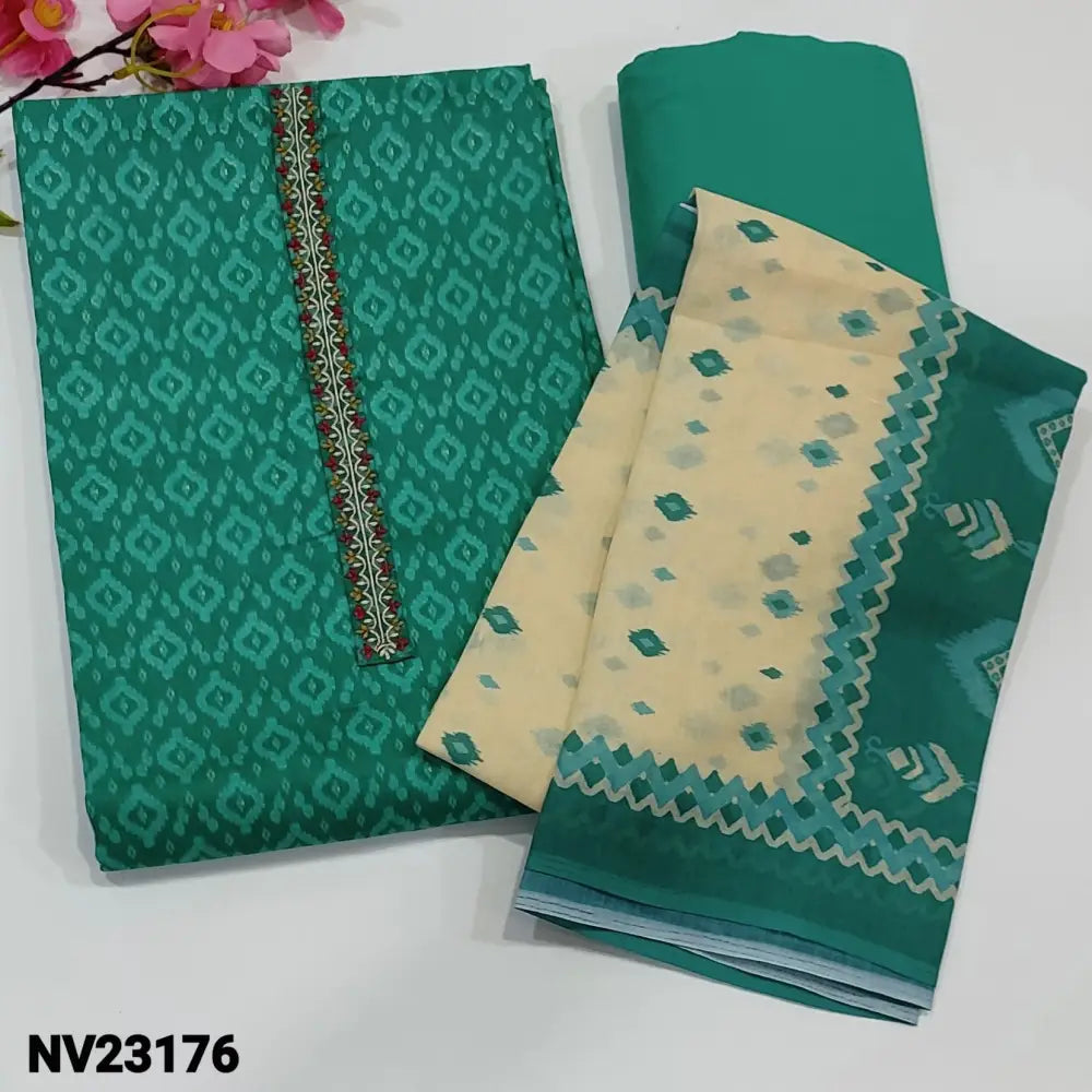 CODE NV23176: Turquoise Green Premium Satin Cotton unstitched Salwar material (soft fabric lining optional)
