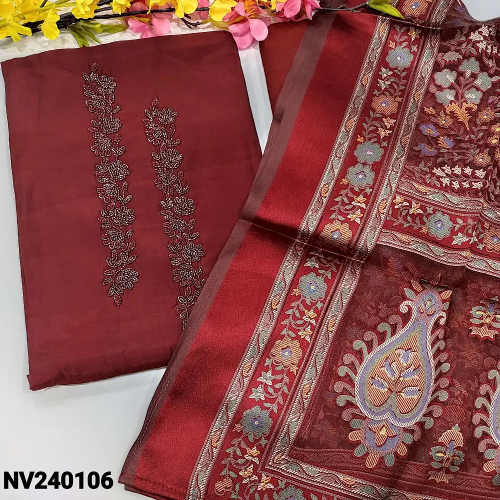 CODE NV240106: Dark maroon premium silk cotton unstitched salwar material bead work on yoke& front(lining