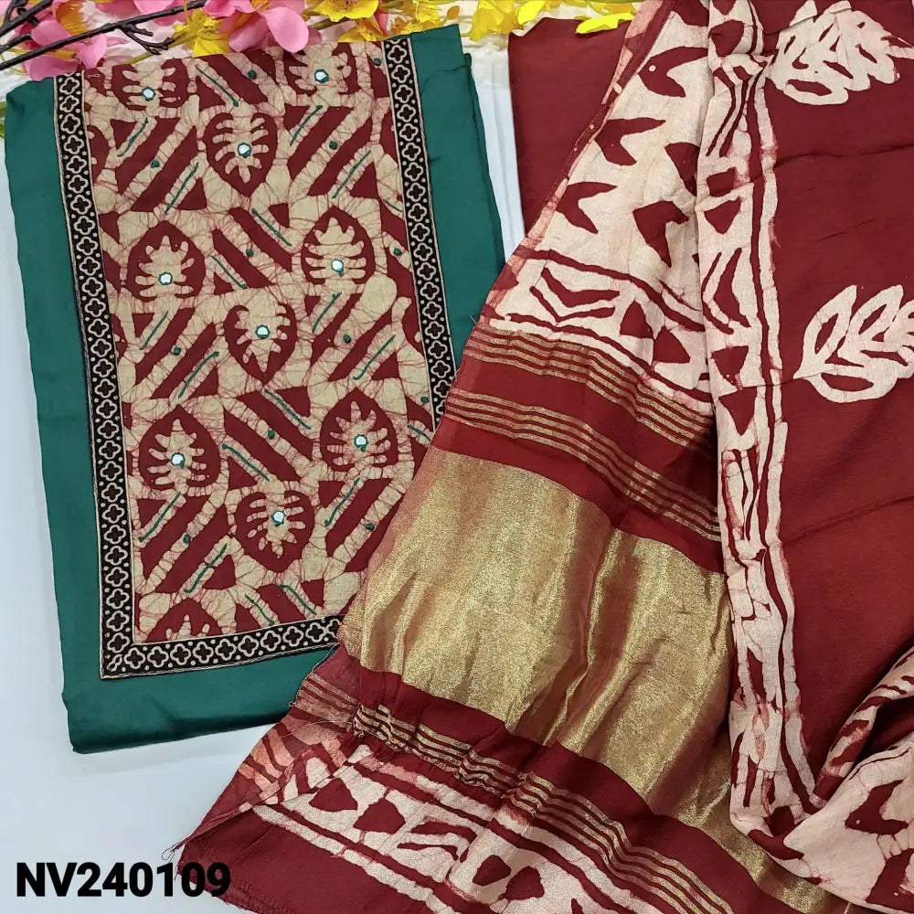 CODE NV240109: Teal green satin cotton unstitched salwar material batik yoke patch with faux mirror work(lining