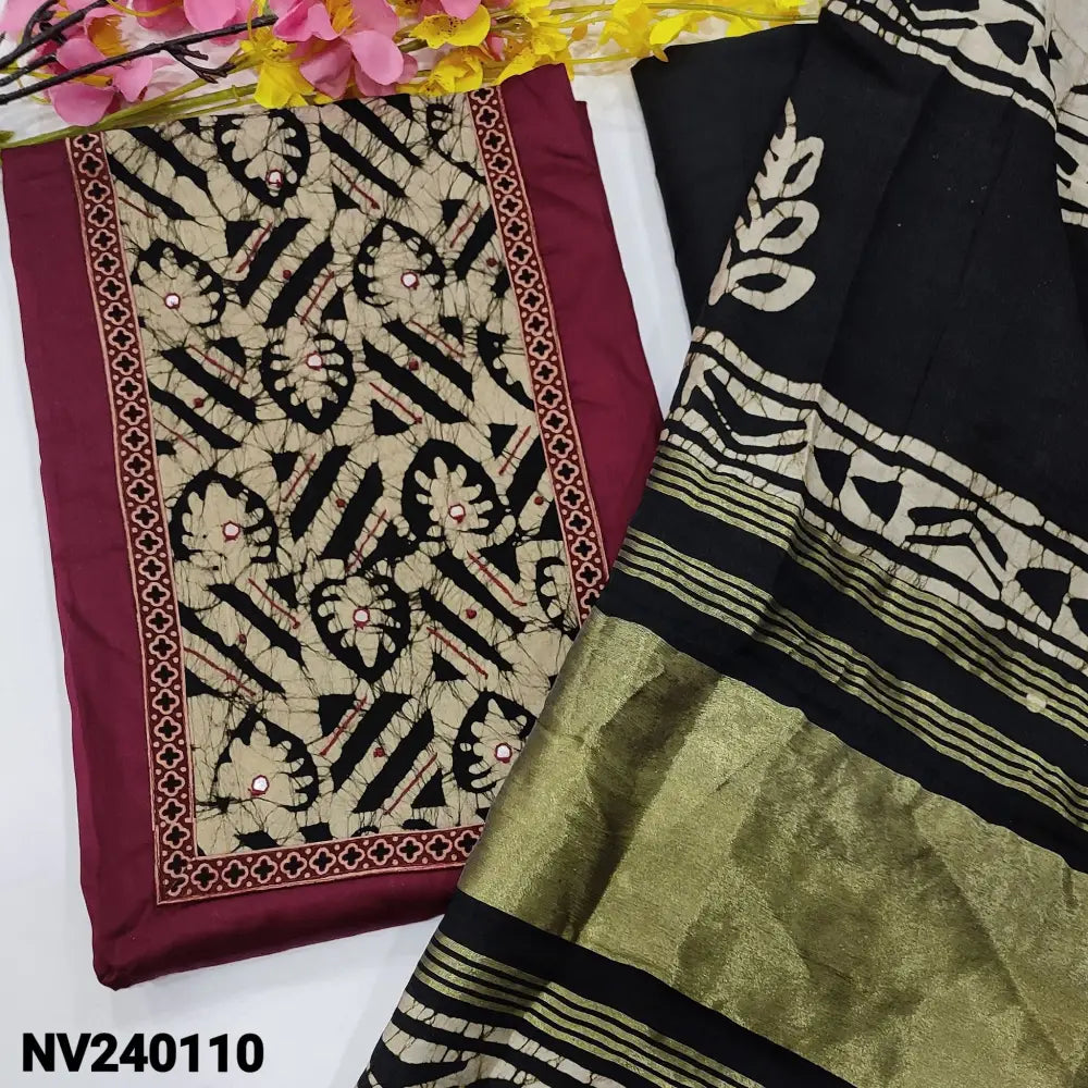 CODE NV240110: Beetroot purple satin cotton unstitched salwar material batik yoke patch with faux mirror work(lining